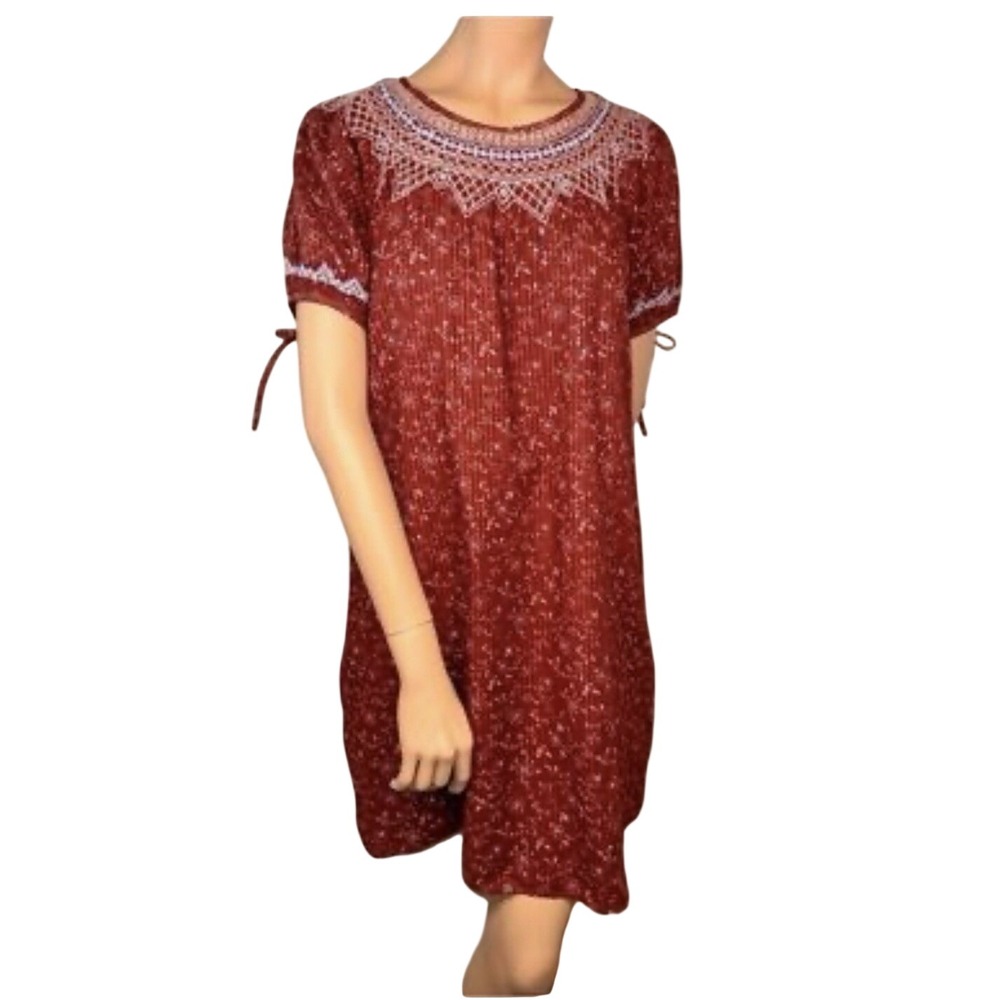 Madewell Embroidered Floral Shift Dress Womens Small Rust Red Excellent Boho Tie